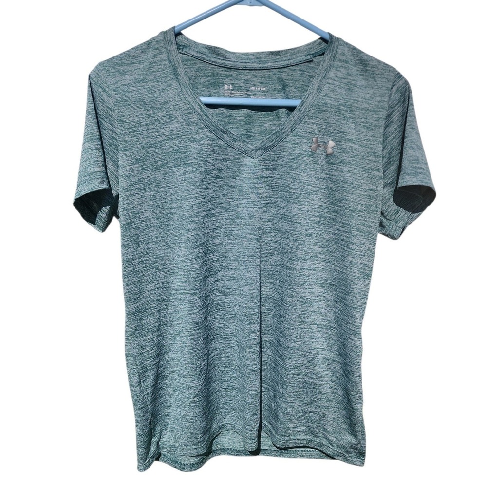 Under Armour Womens HeatGear V-Neck Space Dye Athletic T-Shirt Teal Green Medium